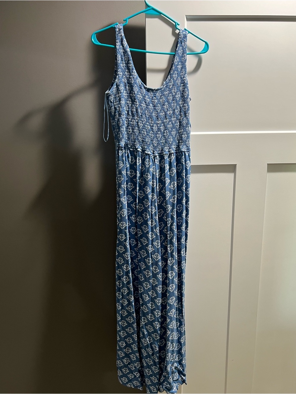 Blue Patterned Smocked Tank Jumpsuit